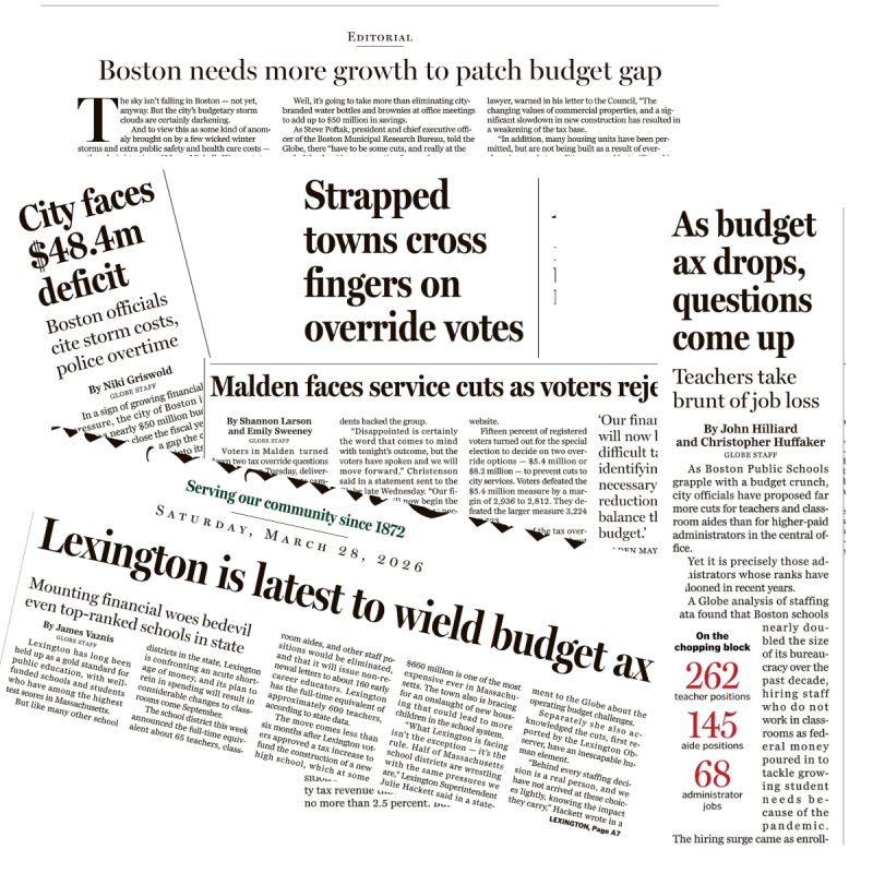 A series of newspaper clippings with headlines about local cities facing budget cuts